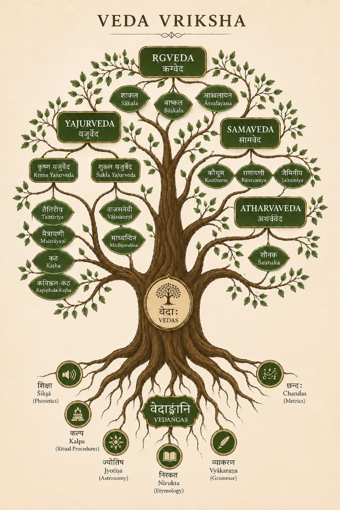 Veda Vriksha — The Tree of Vedic Knowledge showing the four Vedas (Rigveda, Yajurveda, Samaveda, Atharvaveda), their shakhas, and the six Vedangas